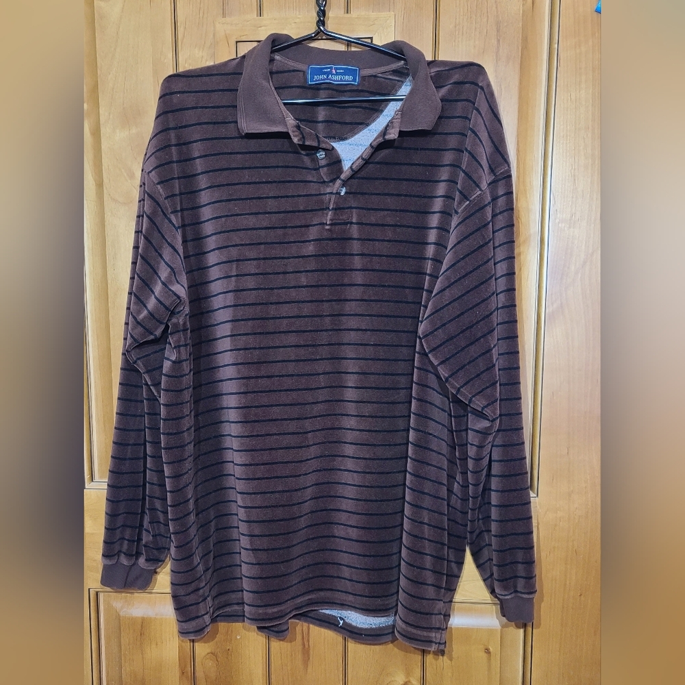Men's velor brown and black stripe long sleeve shirt xl or 2xl see measurements